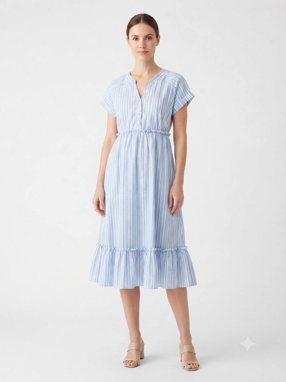 Halara Women XS Dress Blue White Striped V Neck Ruffle Hem Casual Summer Boho